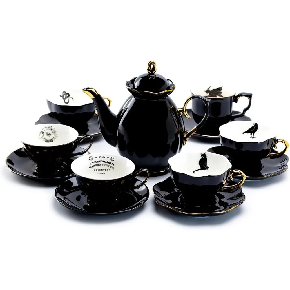 Black Gold Scallop Teapot + 6 Assorted Halloween Tea Cup and Saucer Sets Hand Painted Gold Trim