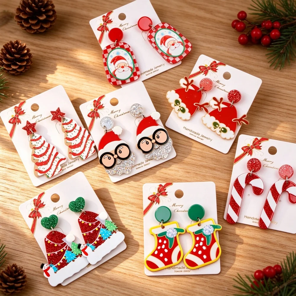 7/10/13/15Pairs Christmas Trendy Acrylic Dangle Earrings For Women Cute Santa Snowman Tree Candy Mix Jewelry Holiday Gifts Party