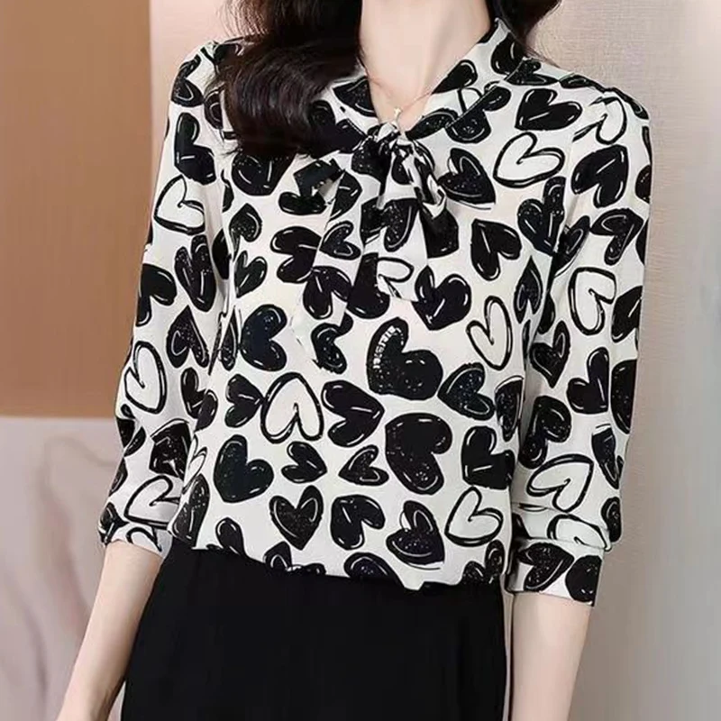 Autumn Aesthetic Chic Sweet Shirt Women Contrasting Color Vintage Three Quarter Sleeve Bow V Neck Drawstring Loose Casual Top