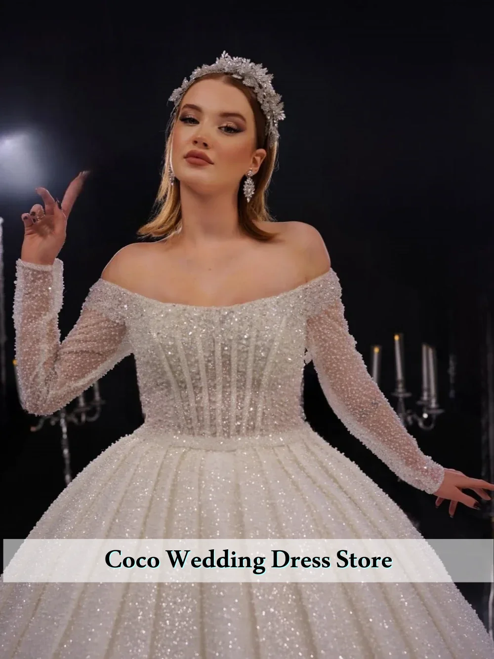 Customized Exquisite Shiny Ball Gown Corset Wedding Dress  Off the Shoulder Luxurious Gown Long Sleeves Women Dreamy Birde Dress