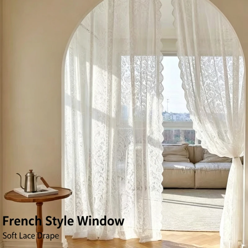 Vintage Lace Sheer Curtain With Pearl Bead Trim For Bedroom Balcony Window Decor Easy and portable installation