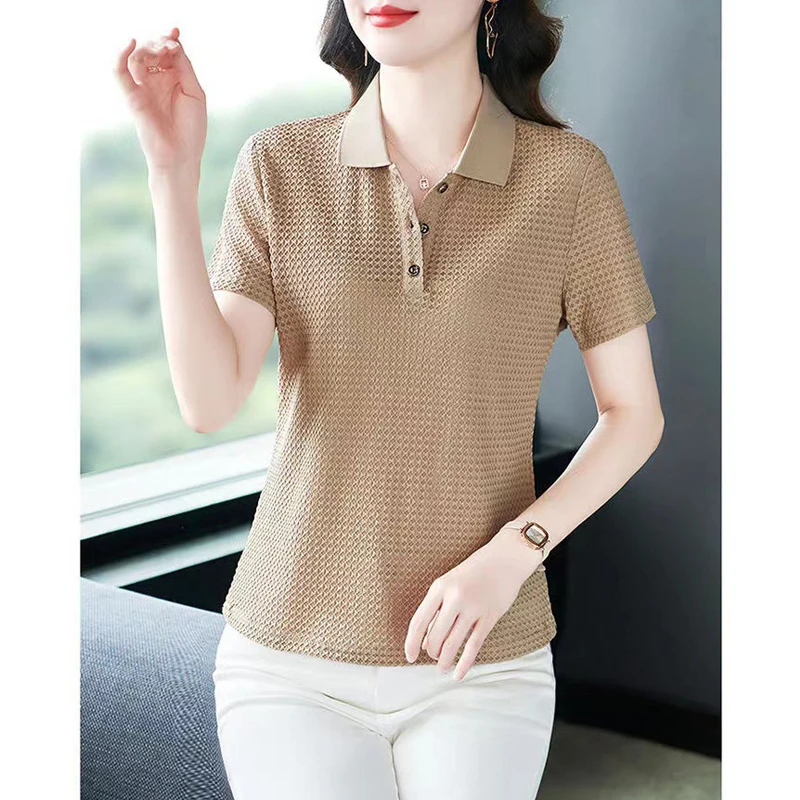 Women Summer Korean Fashion Elegant Short Sleeve Button Polo Collar T-shirt Female Solid Casual Slim Commute Tops Polos Mujeres