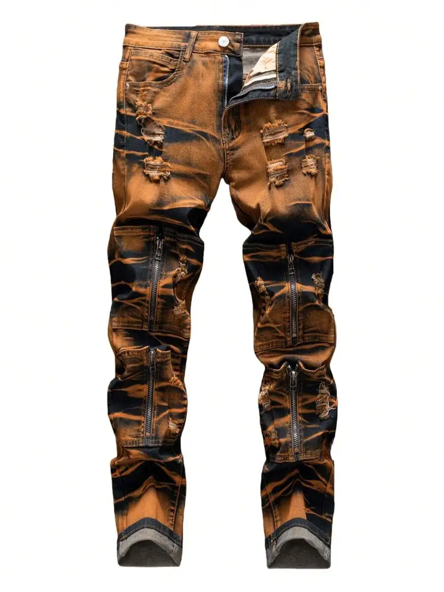 Mens Slim Fit Distressed Cargo Denim Pants Featuring Zippered Pockets And Ripped Details