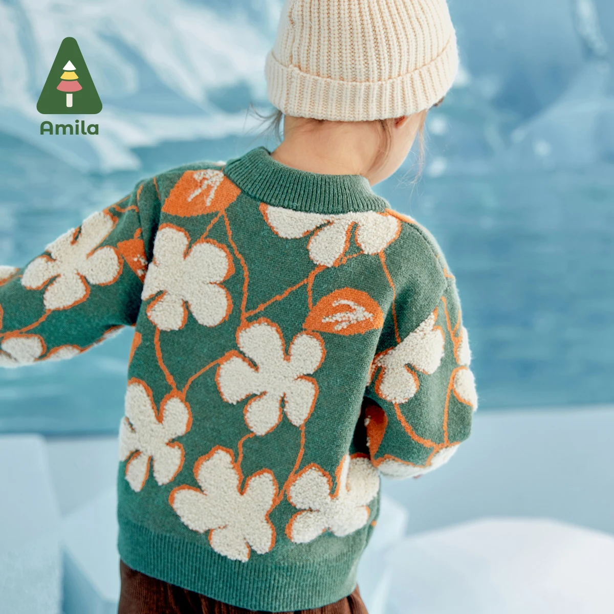 Amila Baby Sweaters 2024 Winter New Boys Girls Flower Round Collar Pullover Clothing Fashion Casual Kids Tops