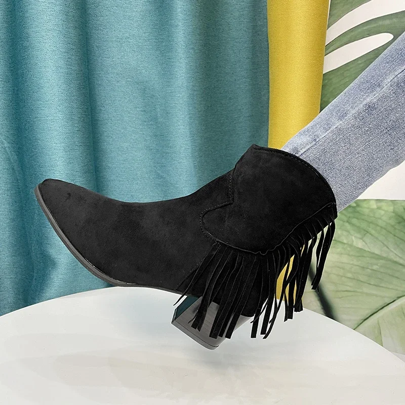 2024 Chelsea Boots Ankle Fringe Chunky Heels Western Cowboy Style Shoes Short Elegant Woman Heeled Punk Plus Size