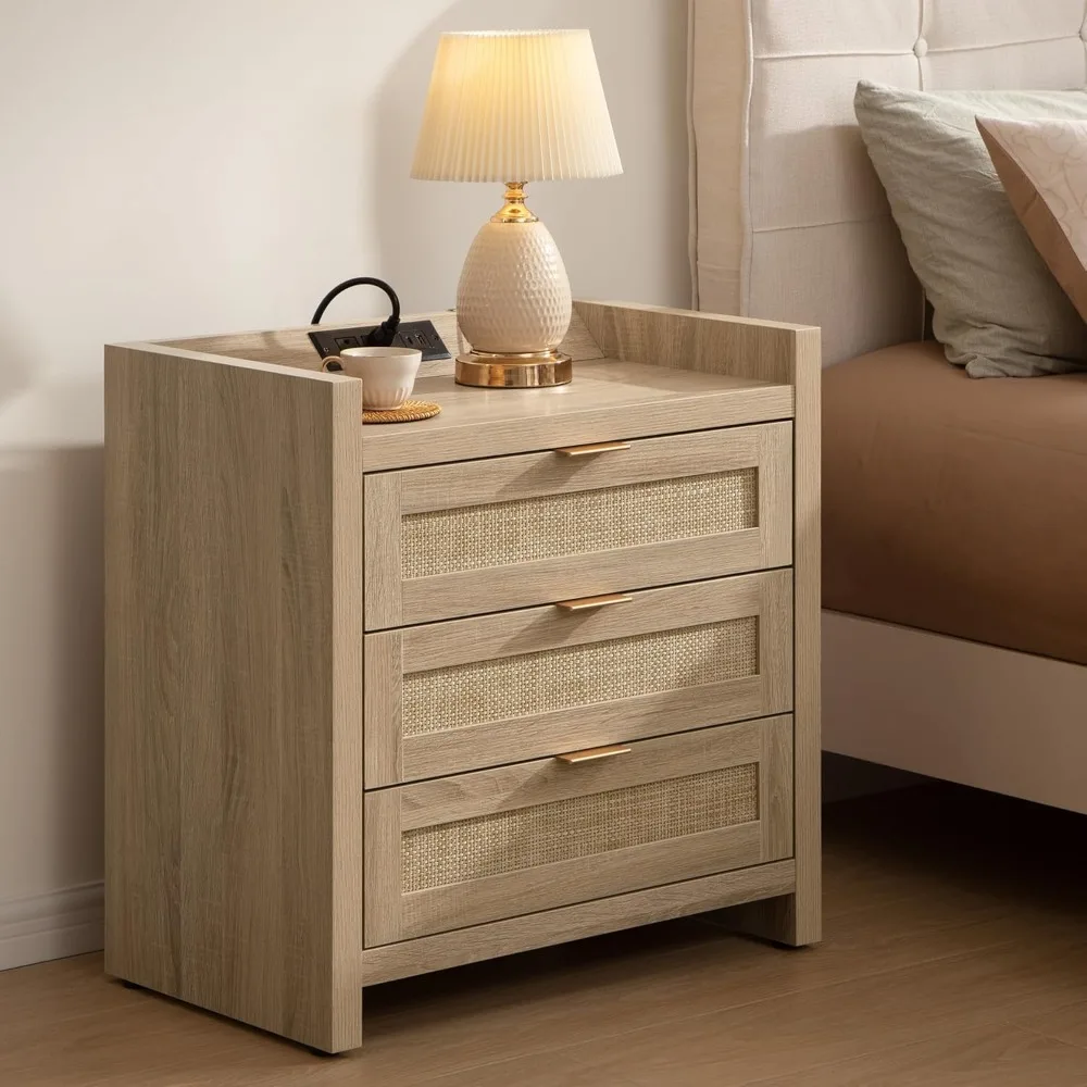 Rattan Nightstand Bedside Table - Larger Night Stand with Type-C Charging Station, 3 Drawers Storage - Boho Night Stands
