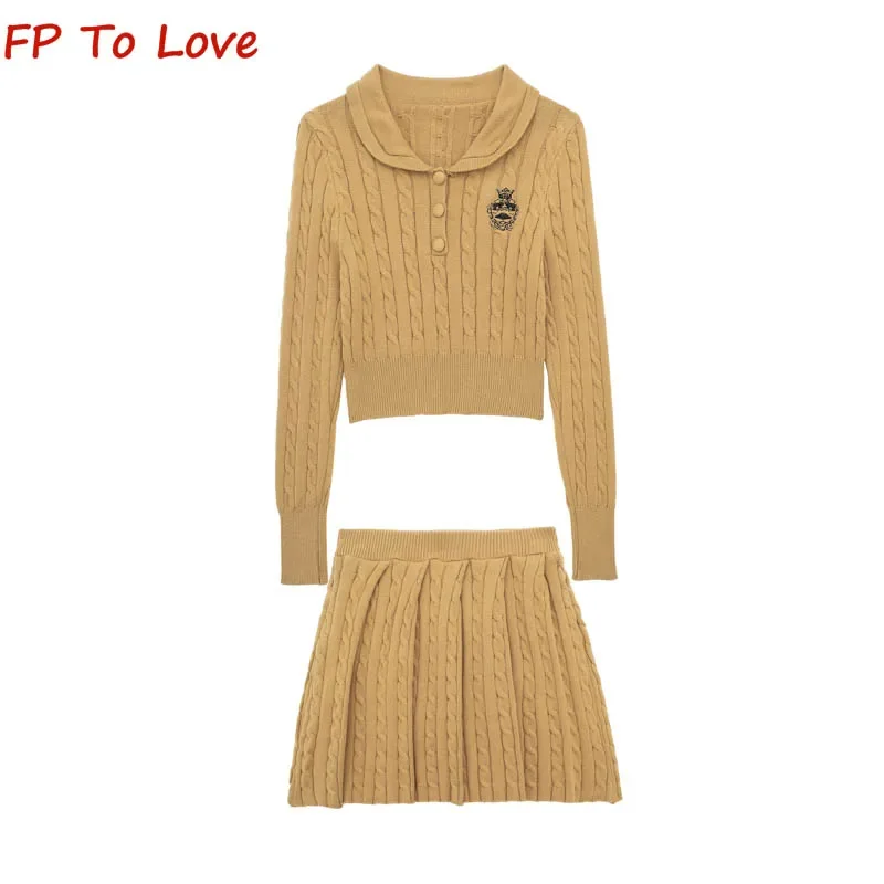 College Style Knitted Twist Women Autumn and Winter Cardigan Doll Collar Top High Waisted Pleated Mini Skirt Two Piece Set