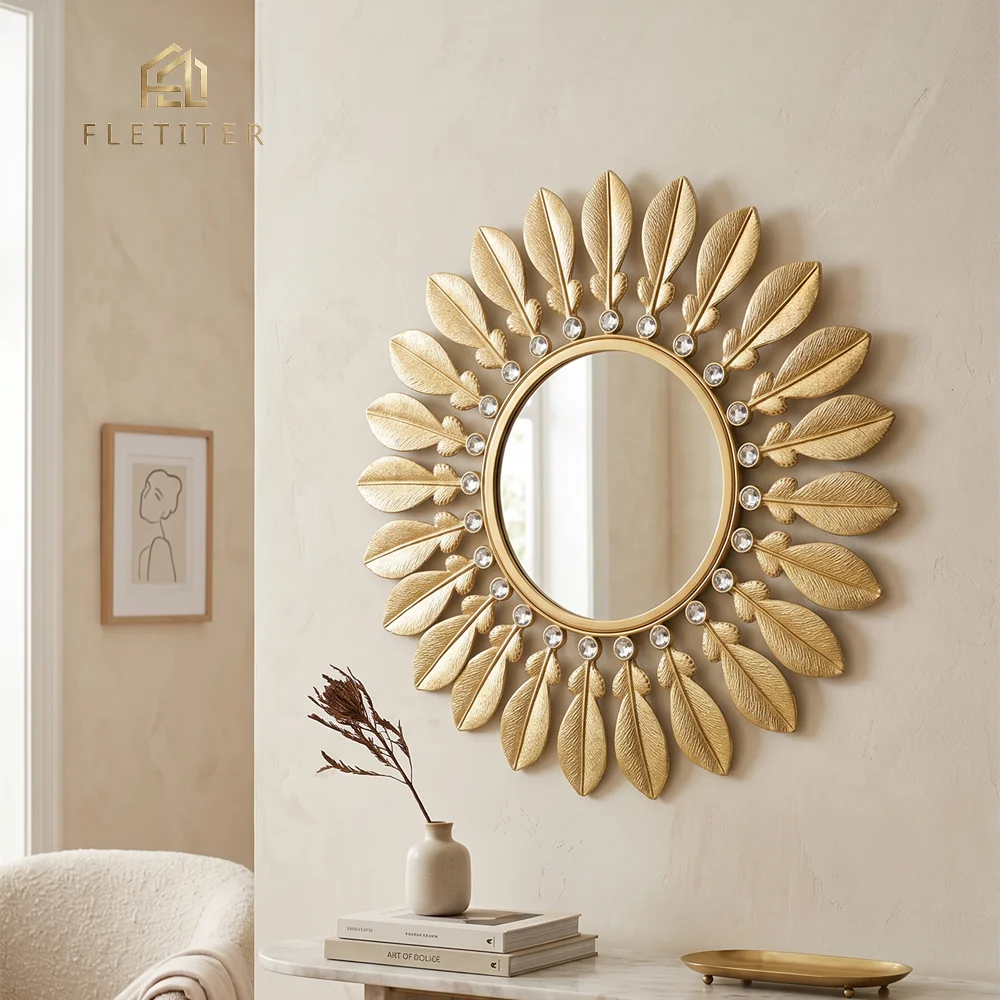 Elegant Iron Art Sun Wall Decor, Vintage European Style Decorative Mirror Wall Hanging, Unique Design for Living Room Home Decor