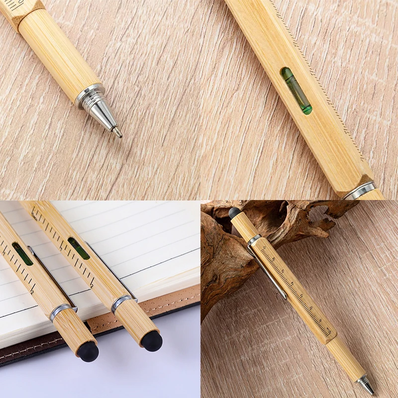 20Pcs 6-in-1 Multifunctional Bamboo Tool Ballpoint Pens Multi Purpose Pen with Ruler, Bubble Level, Flat & Cross Screwdriver