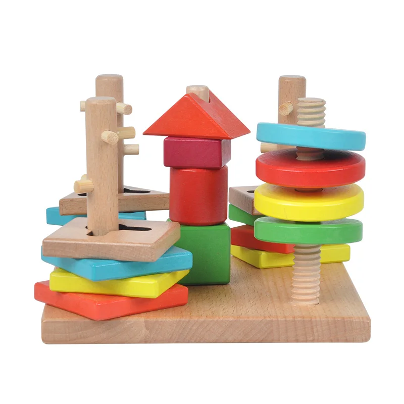 Jouets en bois pour enfants, tour éducative Montessori, blocs de construction, 5 pilier, couleurs assorties, blocs en bois, cadeaux pour enfants