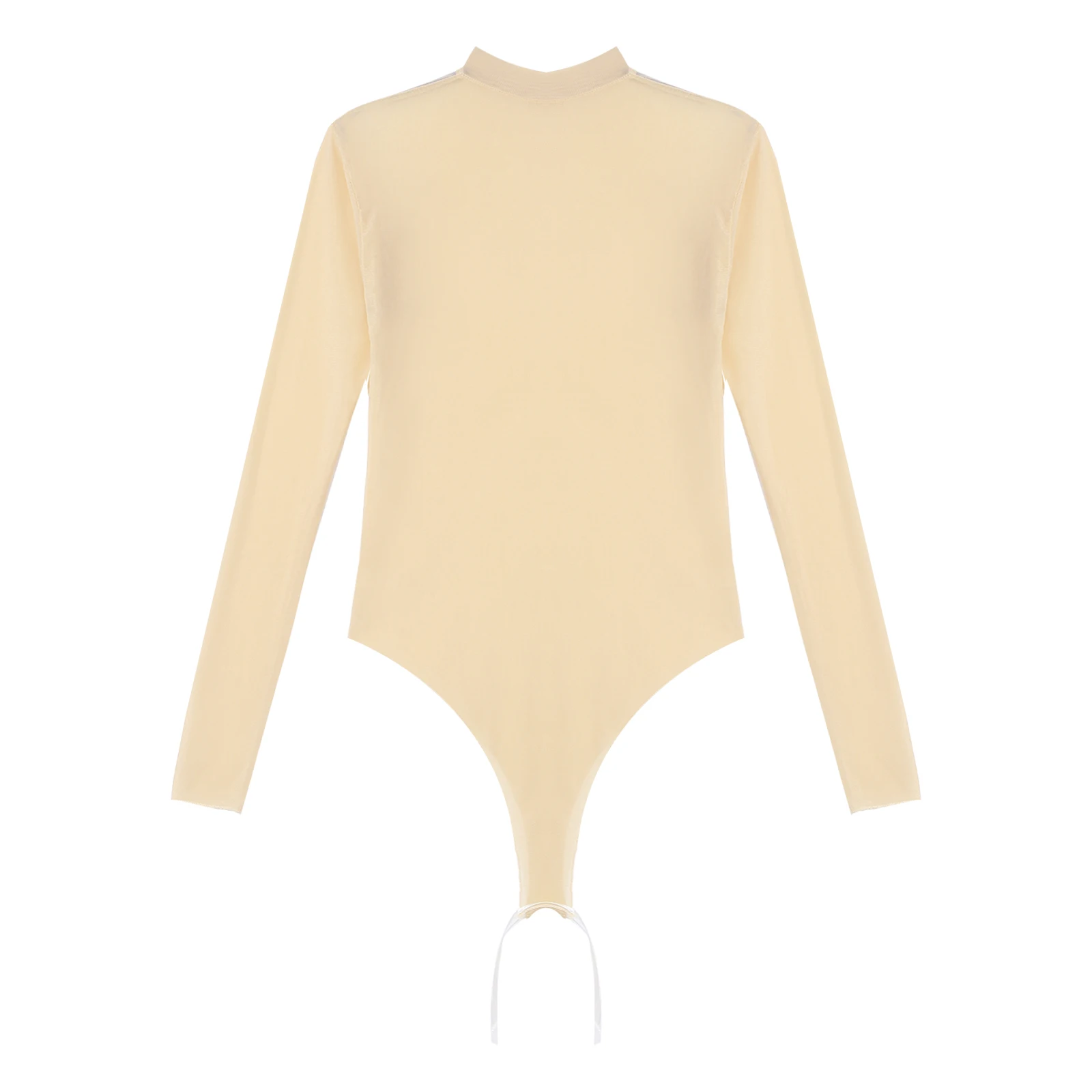 Womens Black/Nude 1Pcs Pure Bodysuit See-through Long Sleeve Lingerie Nightwearings Crew Neck High Cut Leotards for Dating Night