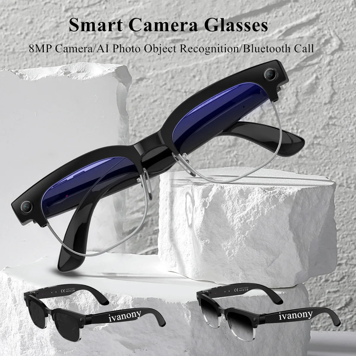 

Smart Glasses with Camera and Translation 8MP Camera AI Photo Object Recognize 4GB MemoryWIFI+Bluetooth Transmission Eyeglasses