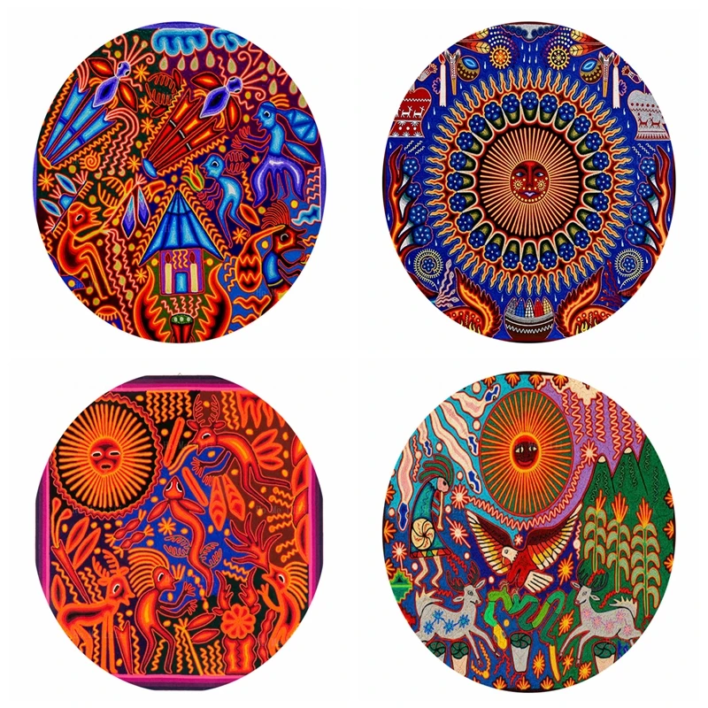 Indigenous Mexican Huichol Art Visuals Mayan Aztec Culture Psychedelic Yarn Painting Round Flannel Floor Rugs By Ho Me Lili