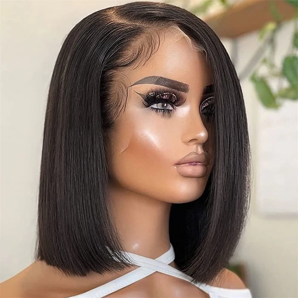 200% brasileño hueso recto Bob corto 13x4 encaje Frontal cabello humano HD transparente peluca con malla Frontal Bob peluca para mujeres negras