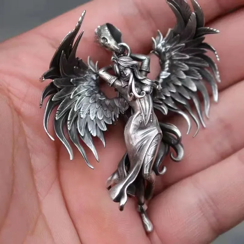 Punk Evil Spirit Angel Pendant Necklace Sexy Goddess Wings Long Chain Necklace for Men Women Hip Hop Jewelry Accessories Gifts