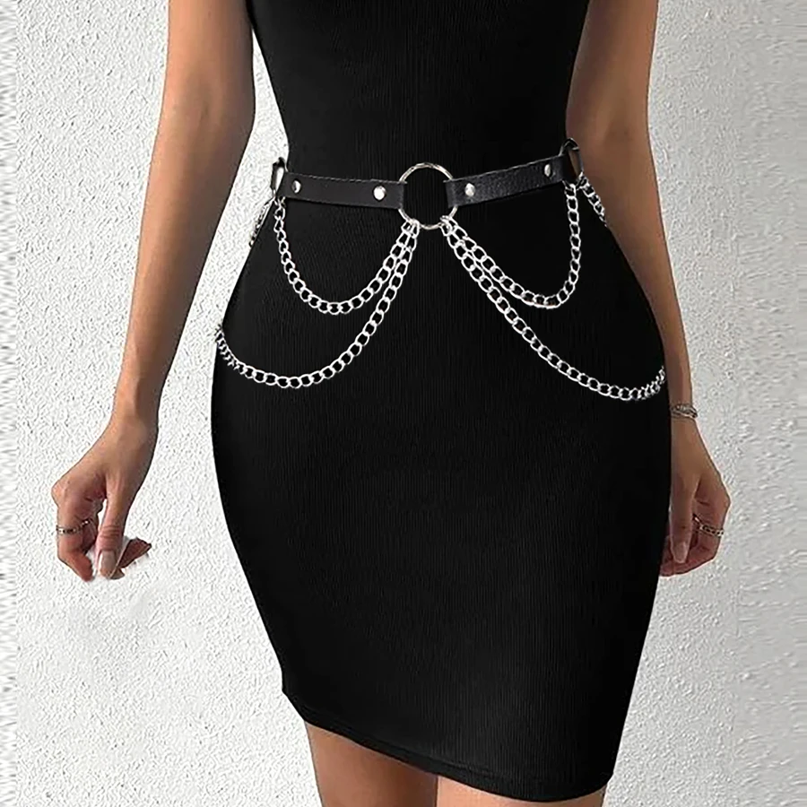 Damen Mode PU-Leder Harness-Gürtel mit Kette, Gothic Punk Taillengürtel Accessoire, Freizeit Punk Gothic Kleidung Schmuckgürtel