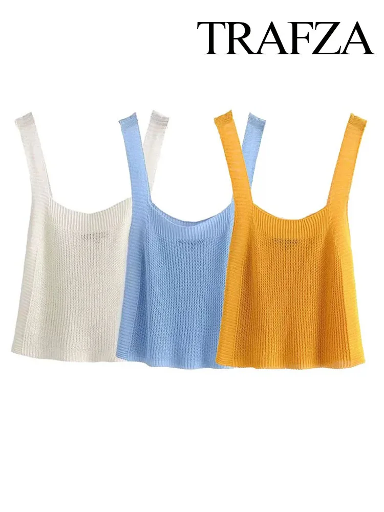 

TRAFZA Summer Women Sexy Sleeveless Backless Textured Shoulder Strap Short Vest Woman Elegant 3-Color Knitting Slim Top Mujer