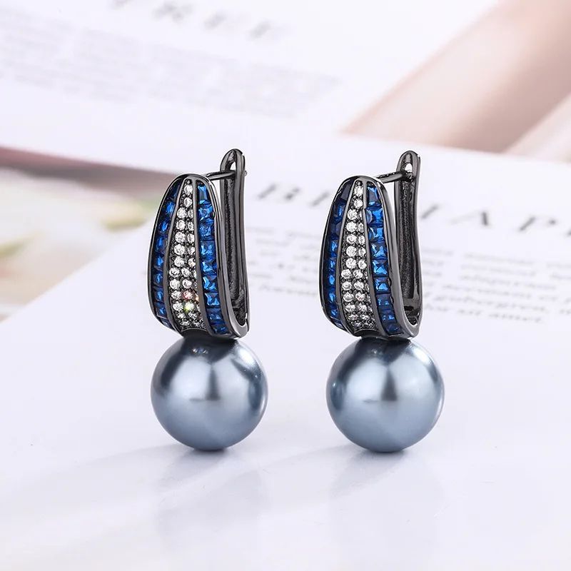 New jewelry with copper base, gold-plated, colorful gemstones, pearls, black gold, personalized earrings 12mm wholesale
