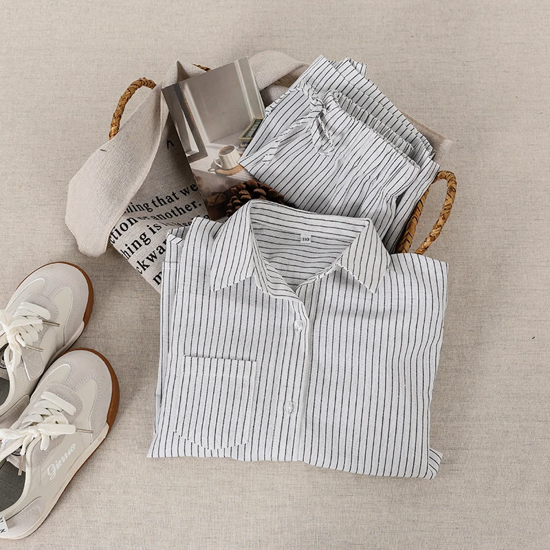 Children's Cotton Linen Buttons Black And White Striped Suit Autumn New Boys And Girls Long-Sleeved Shirt Drawstring Shorts Sets