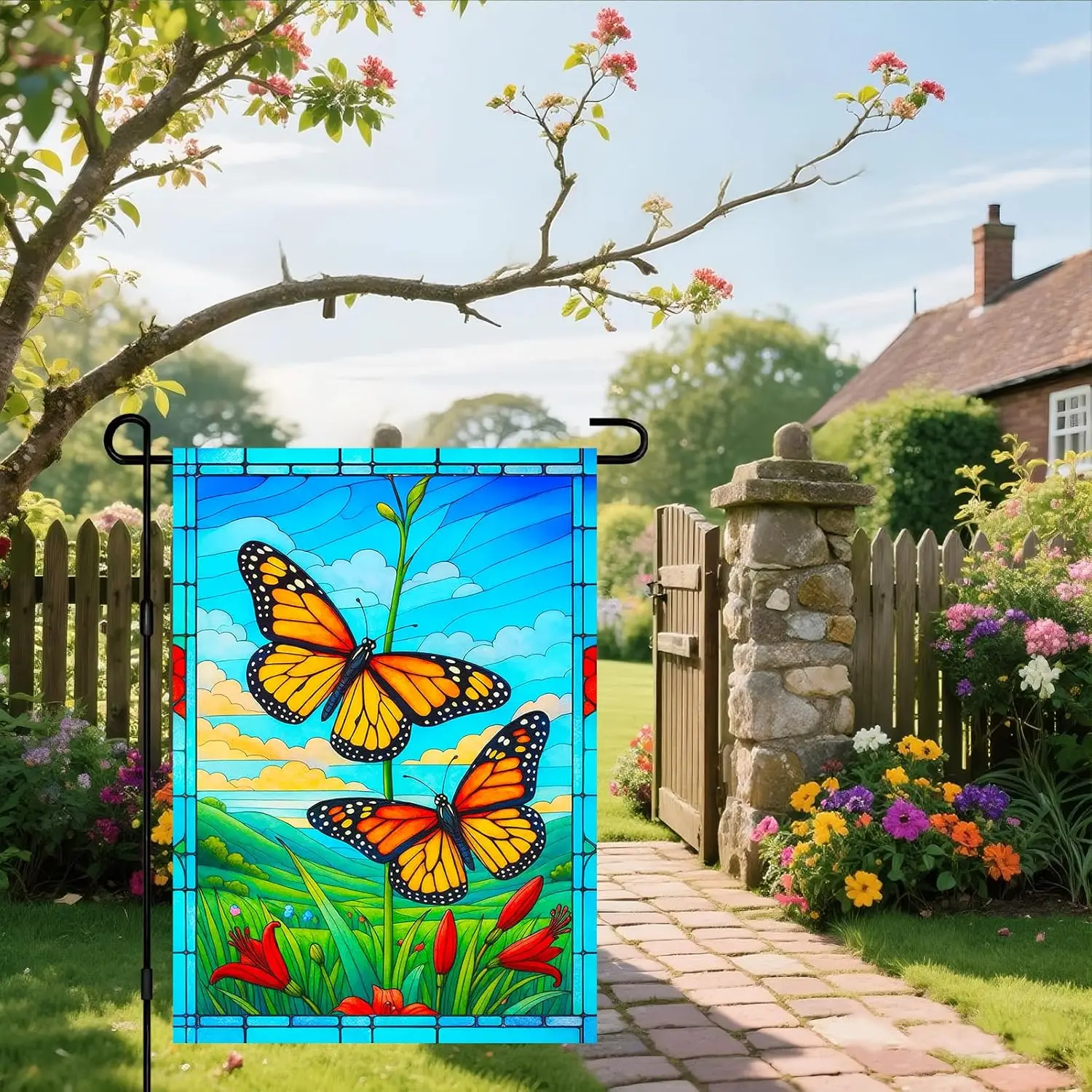 IVN Spring Garden Flag 12x18 Inch Double Sided Monarch Butterfly Stained Glass Look Outdoor Yard Flag for Outside Home Front GGO