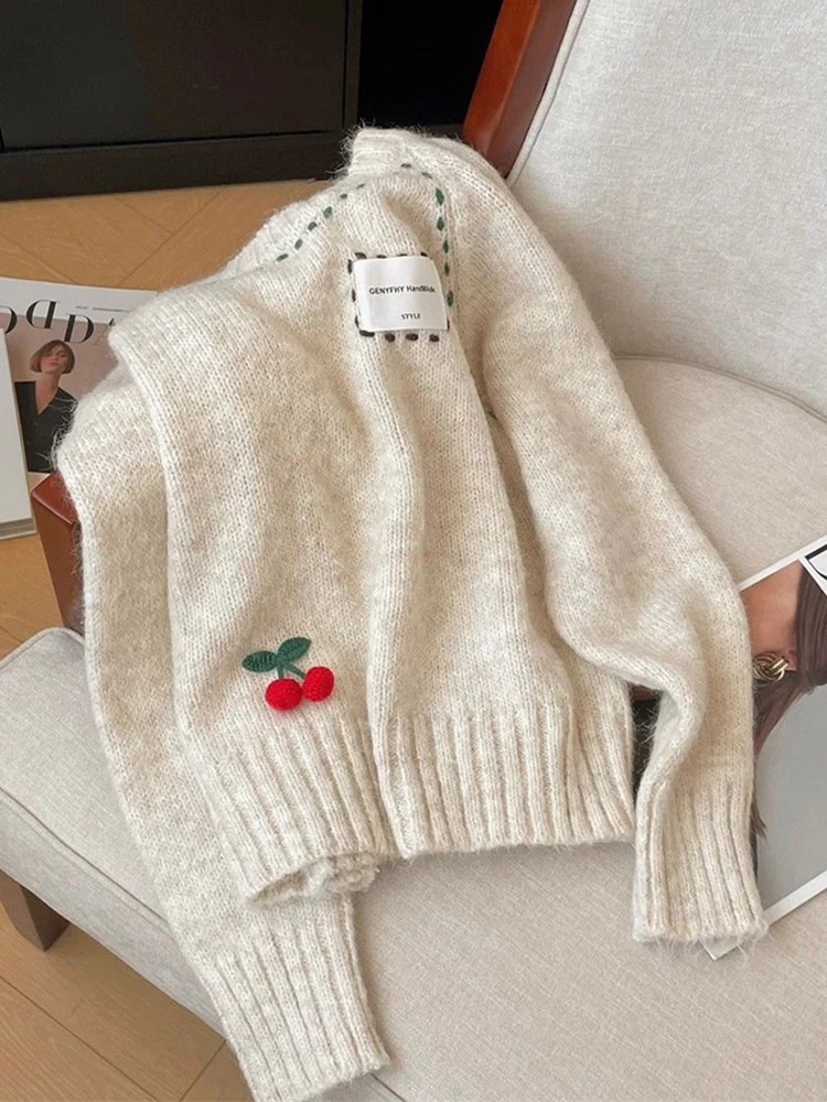 Cute 3D Cherry Sweaters Women Lazy Wind Long Sleeve Knitted Jumpers Japan Loose O Neck Female Kawaii Sweet Pullovers Tops