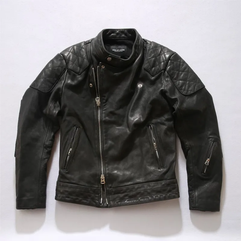 Stand-up collar motorcycle leather double-opening slanted zipper heavy-duty washed vegetable-tanned cowhide