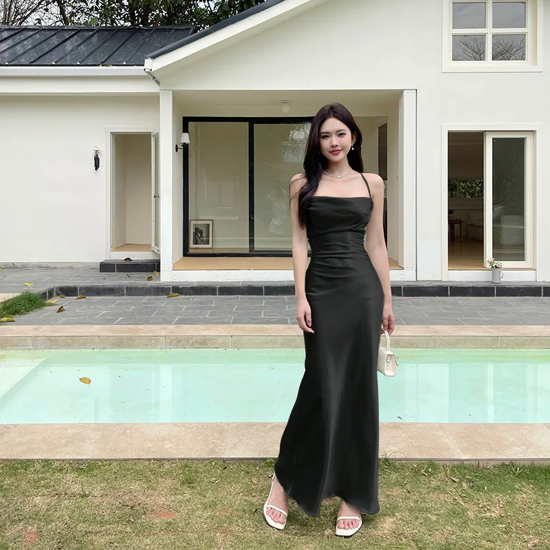 2025 Sexy Dünnes Kleid frauen Kristall Satin Backless Hosenträger Bankett Präsident Kleid Party Kleider Frau Плае Robe Femme