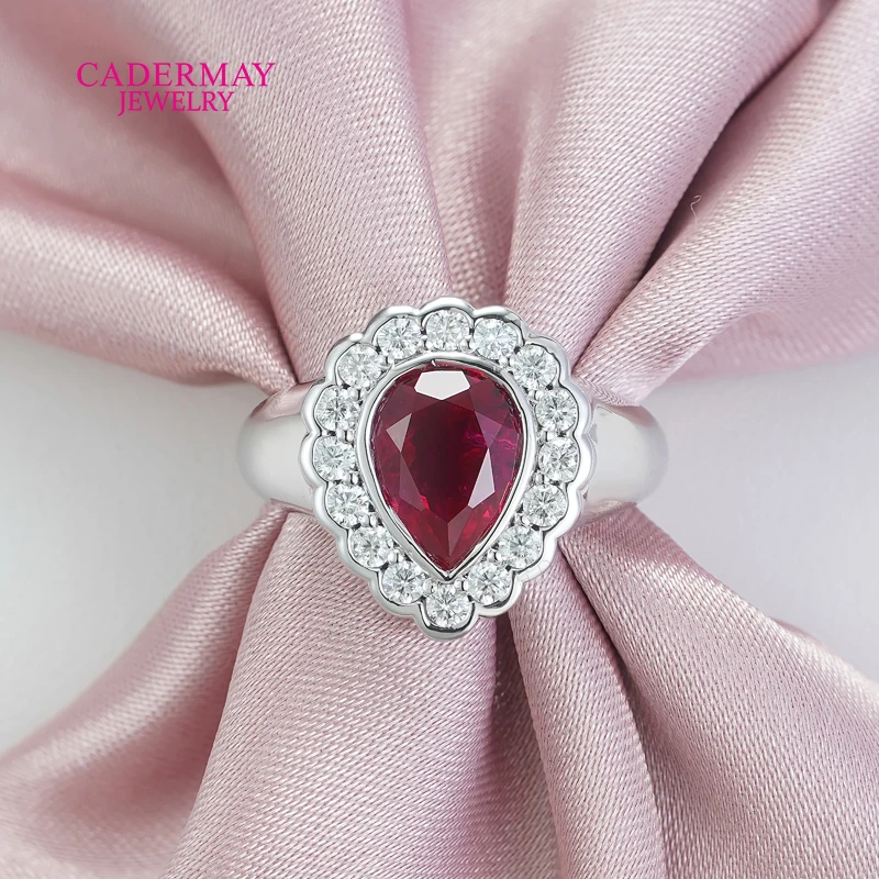 

High Quality Custom Pinky Ring Index Finger Ring 925 Silver 6x8mm Pear Shape Red Lab Grown Ruby Ring Moissanite Halo Ring Women