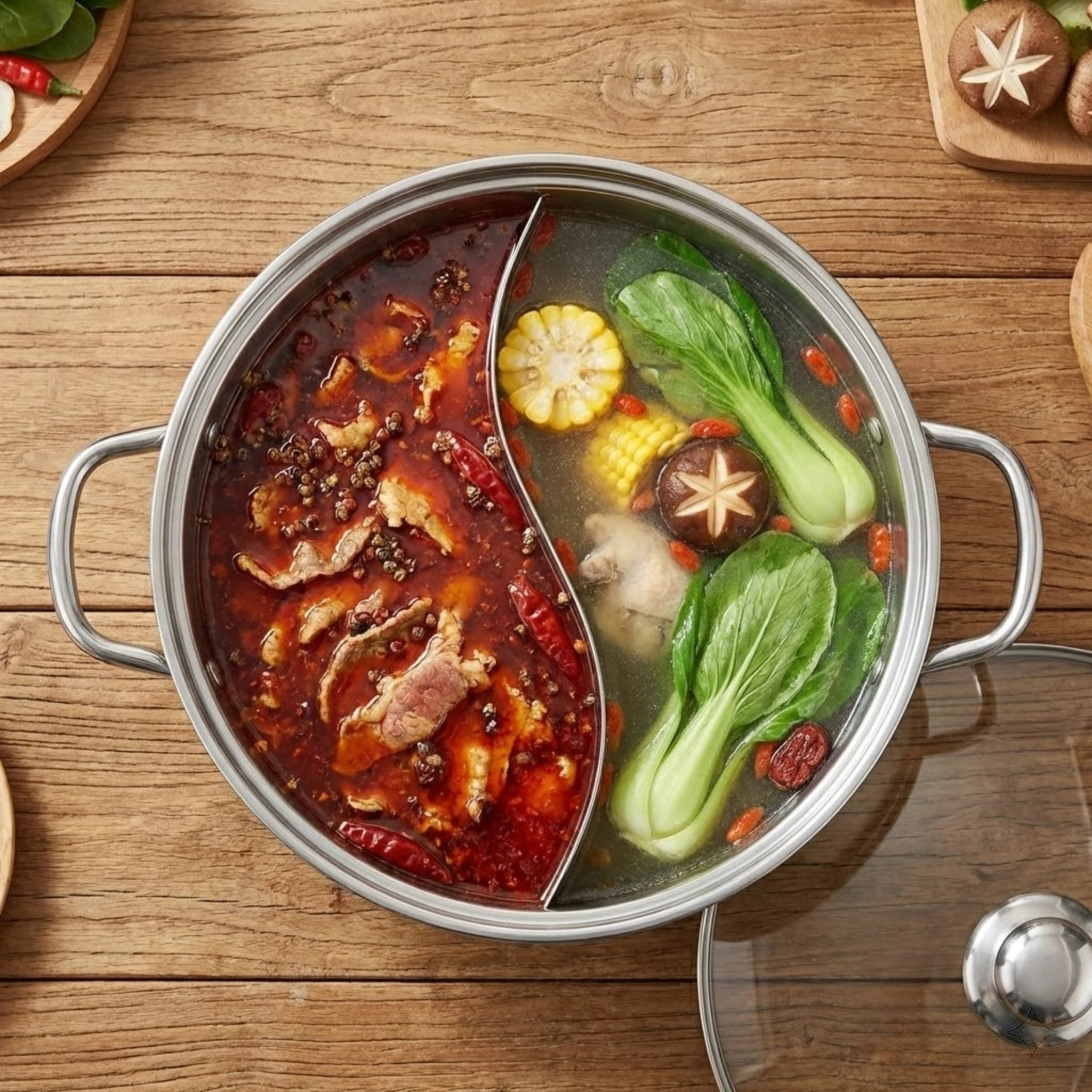 

Усиленная кастрюля из нержавеющей стали с S-образным разделителем для двух бульонов, совместимая с индукцией и газом, с ручками, не ощущающимися на ощупь как горячими