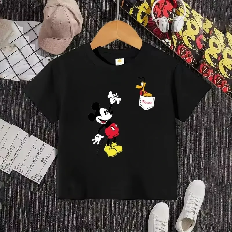 

Новая летняя футболка 2026 года с принтом Микки Мауса и Плутона для мальчиков и девочек, из чистого хлопка, с мультяшным аниме-дизайном, детский уличный топ
