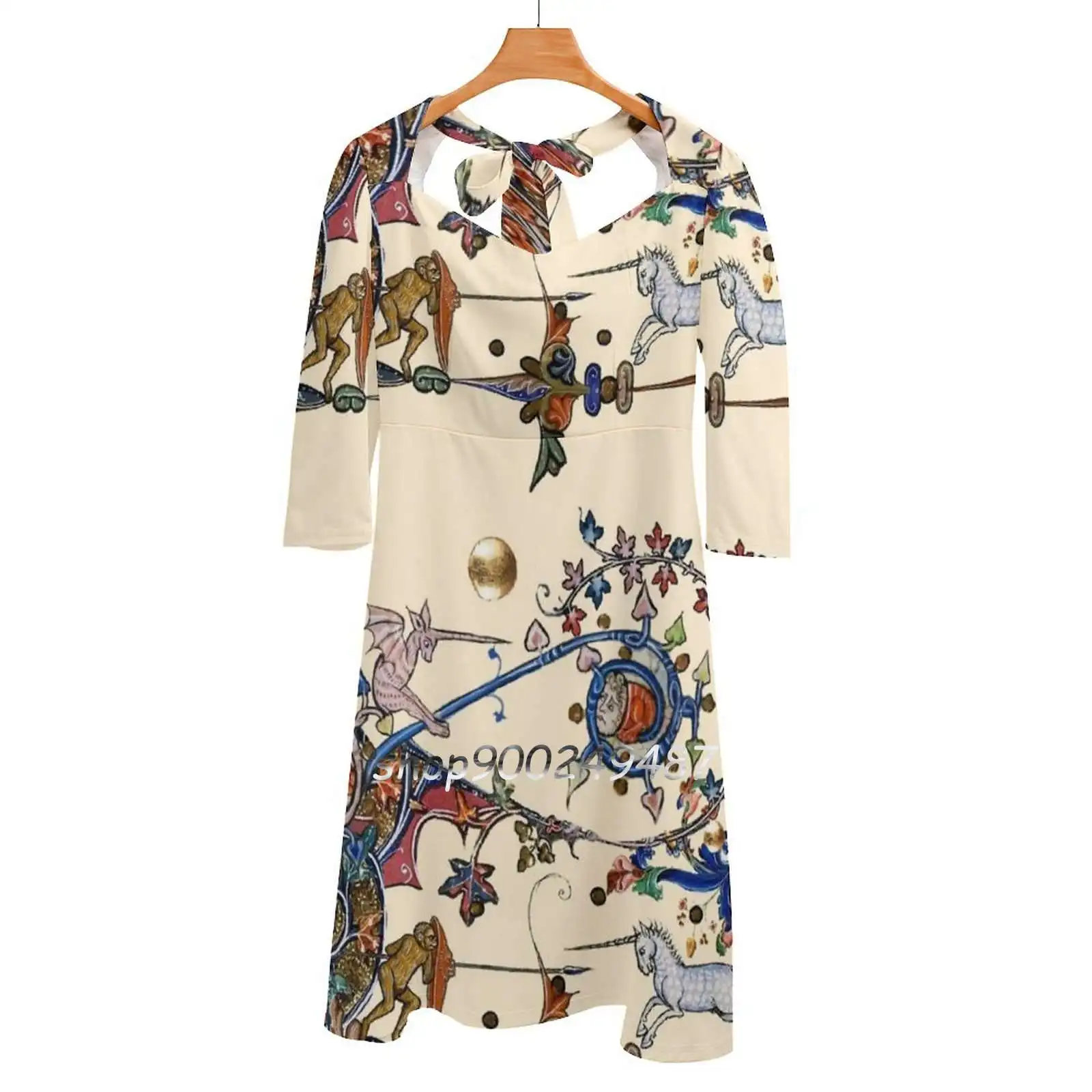 Weird Medieval Bestiary War , Unicorns Fighting Monkey Square Neck Dress New Plus Size Elegant Women Waist Tight Dress Unicorn