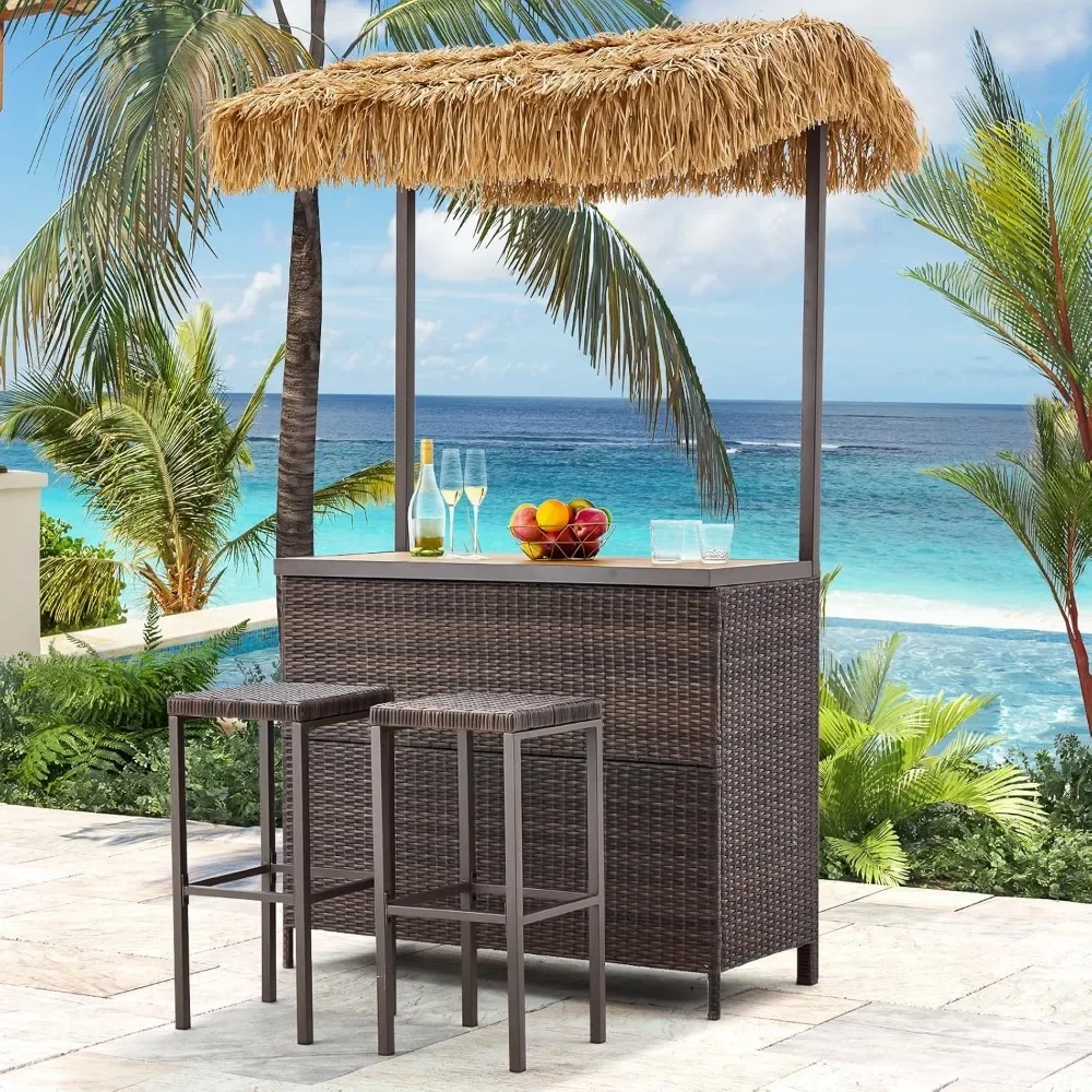 

3 Pieces Wicker Patio Bar Set W/2 Height Stools, Plastic Wood Tabletop for Backyard Poolside Garden, Garden Furniture Sets