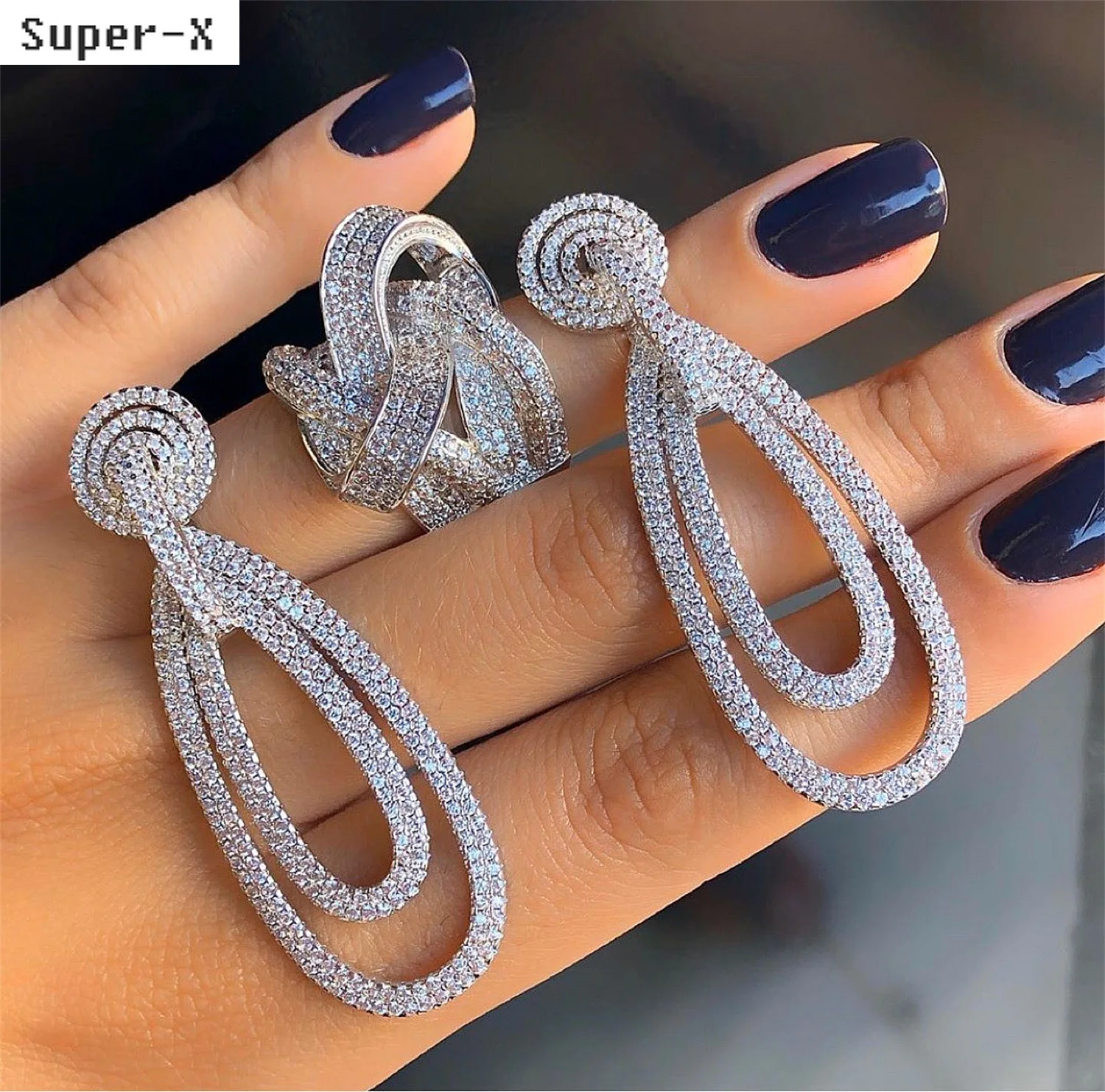 

wedding bride earrings shiny zircon silver color elegant luxury jewelry dinner party long large pendant earrings oval circel