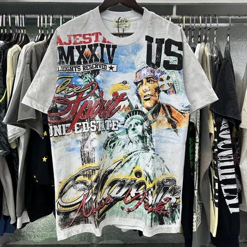 Camiseta Corta con Estampado Vaquero para Hombre y Mujer, Cuello Redondo, Manga Corta con Pedrería, Camiseta de Verano con Diamantes Brillantes, Talla Grande