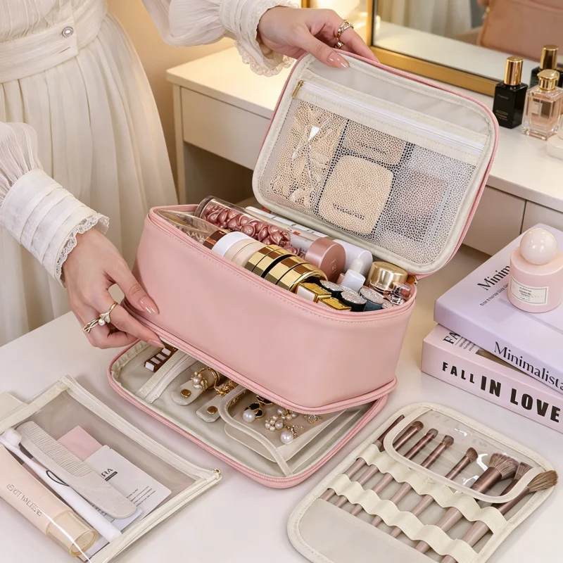 3-layer Multi-functional Jewelry Makeup Bag PU Travel Toiletry Cosmetic Case Large-capacity Portable Handheld Makeup Brush Bag