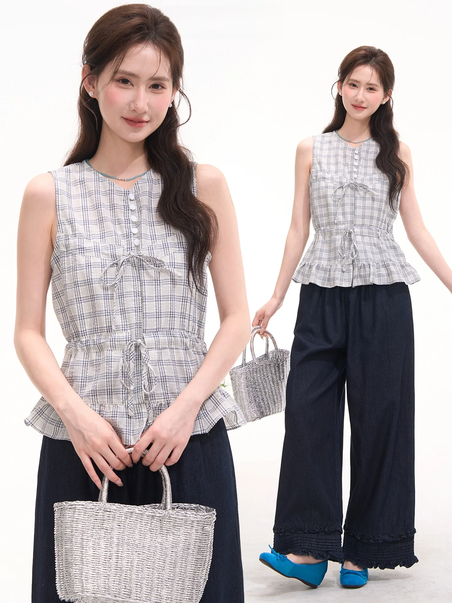 

Sweet And Cool Heme Window Flower Field Cotton No-Sleeve Shirt Women's Summer Top Grid Design Bow Tie Waist Cinched