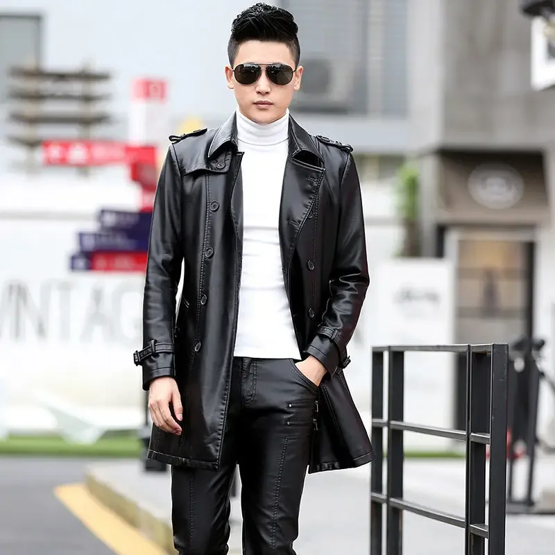 

2023 Men's Leather Trench Coat Vintage British Style Windbreaker Handsome Solid Color Slim-fit Overcoat Long Jacket