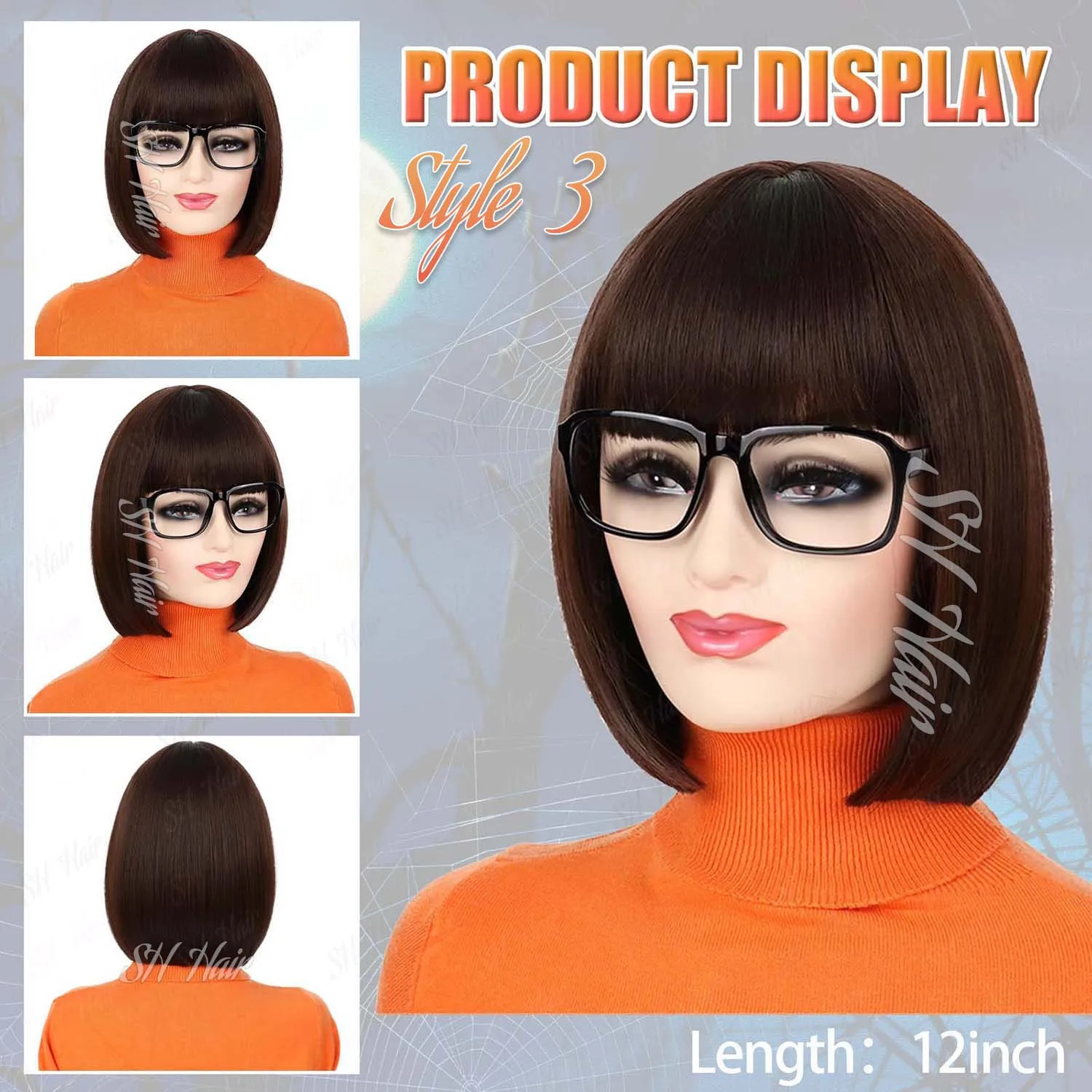 Synthetic Long Curly Orange Wig+Purple Headband Daphne Wig,Brown Wig with Bangs+Glasses+Magnifying Glass Velma Wig for Halloween - view 4