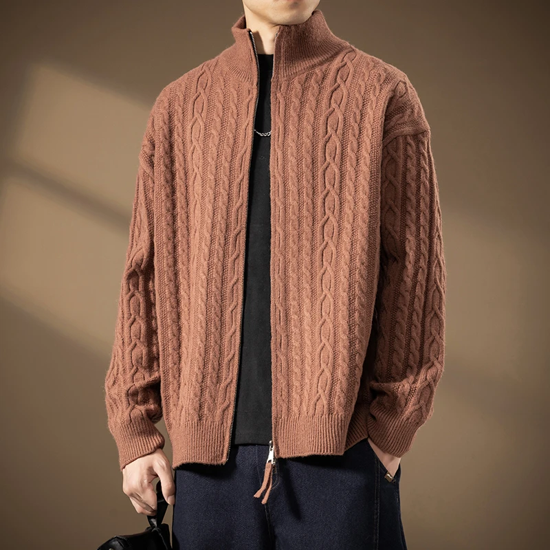 Autumn Winter Men's Stand Collar Sweatercoat Loose Knitted Cardigans Solid Color Warm Casual Knit Sweater Jacket Casual Cardigan