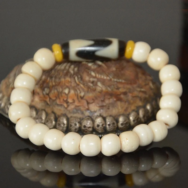 Natural Tibetan Tiger Tooth Dzi Bead Yak Bone Multi-Treasure Bracelet Men And Women, Vintage Ethnic Style