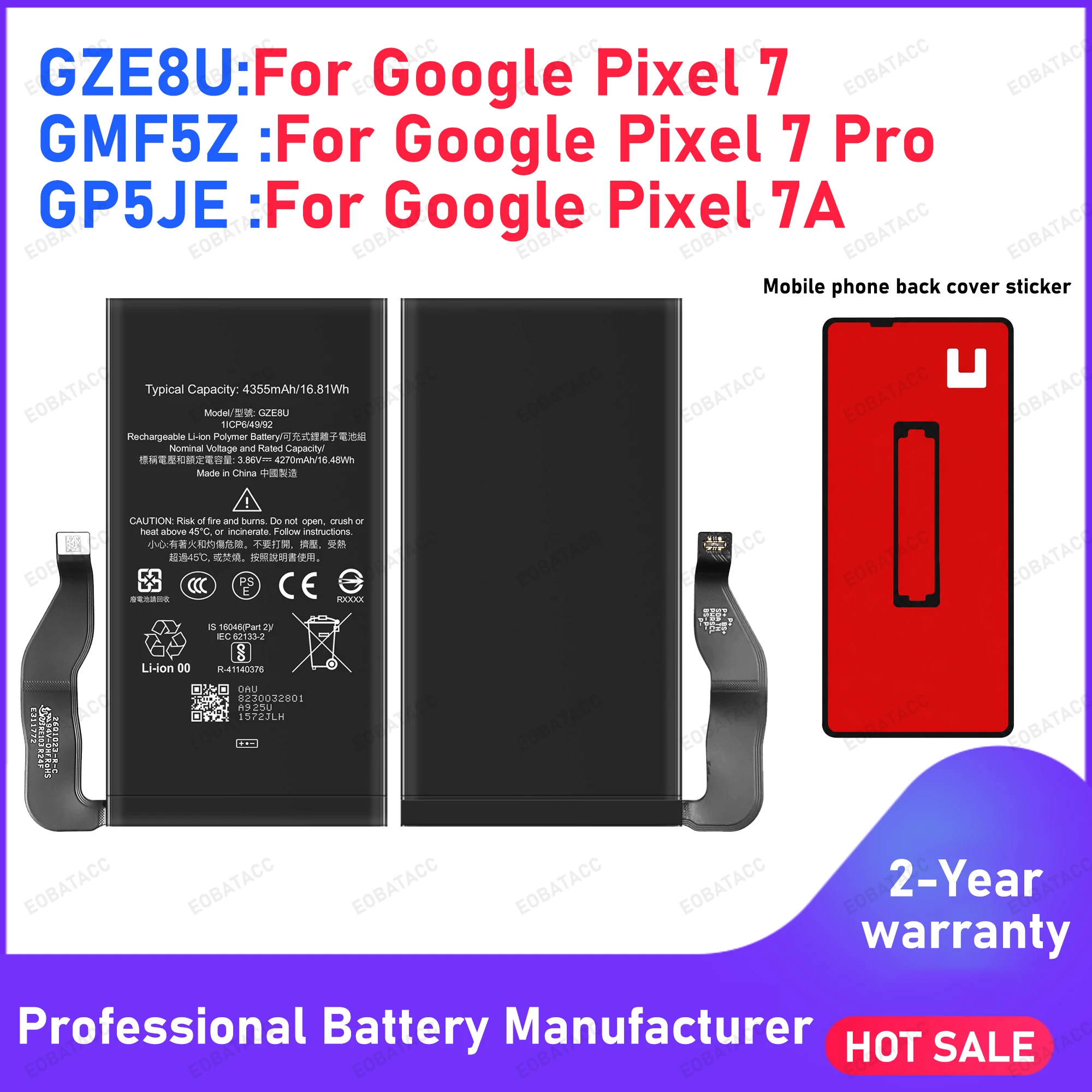 Battery GZE8U GMF5Z GP5JE For HTC Google Pixel 7/pixel 7a/Pixel 7 pro Replace Batteries+Free Back cover adhesive