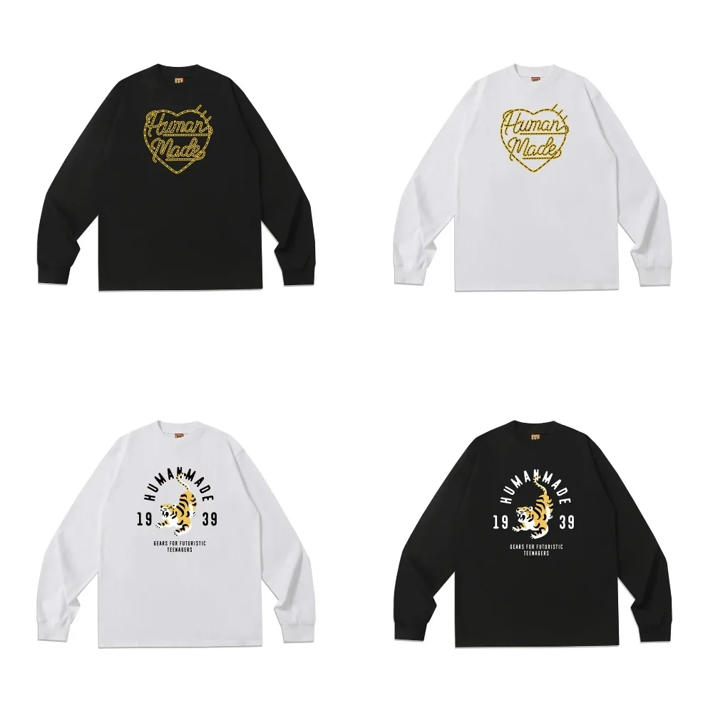 Human Ins Trendy Long Sleeve T-shirt Japanese Style 300g Autumn Winter Printed Couple Matching Loose Crewneck Versatile Top