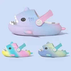 Rainbow Shark Slippers Summer Cool Kids Sandals Girls Cartoon Outdoor Play Slides Soft Sole Garden Shoes With Adjustable Buckle