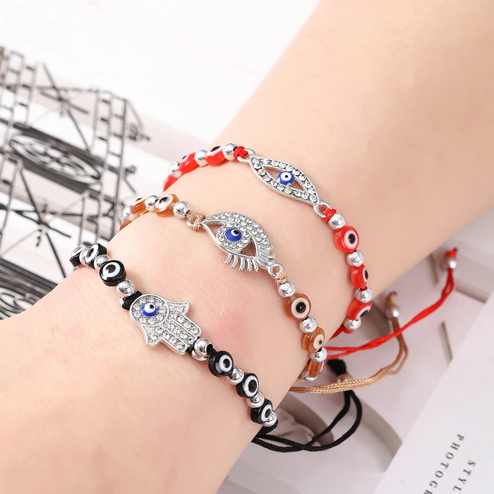 12pcs/lot Evil Eye Charm Bracelets Adjustable Friendship Fatima Hand Ankle Jewelry Teen Girls Mal De Ojo Hamasa Hand Pulsera