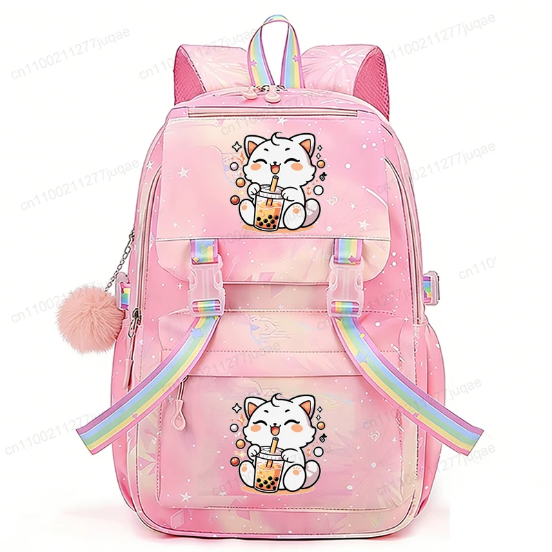 School Backpack Cat Bubble Boba Tea Anime Cute Kawaii Rucksack for Girls Boys Casual School Backpack Bag Children Schoolbag