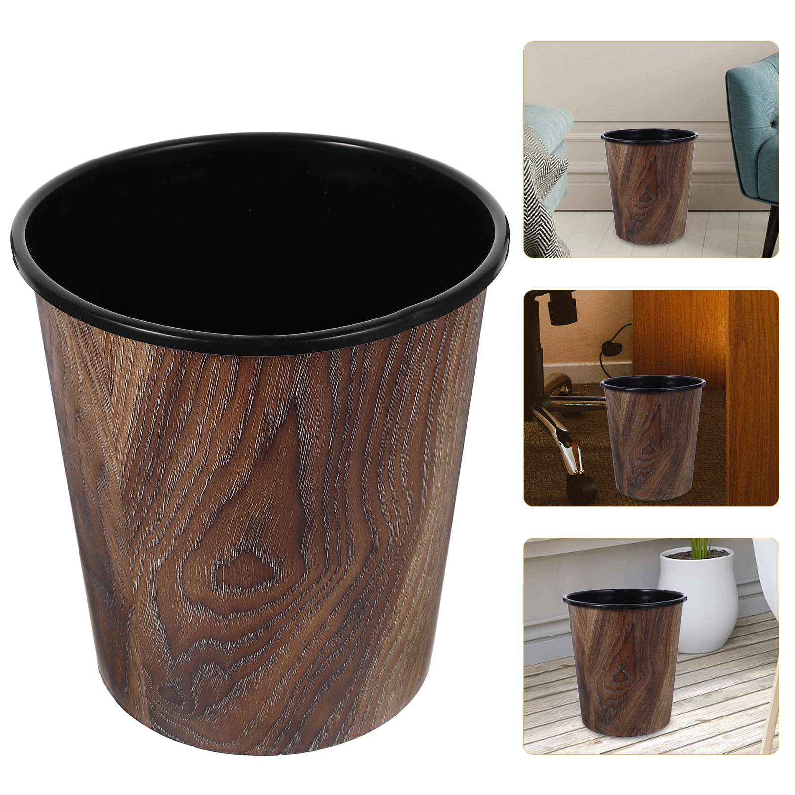 

Wood Grain Trash Can 7L Round Home Kitchen Bathroom Waste Basket Plastic Garbage Container Stylish Modern Household Office Use
