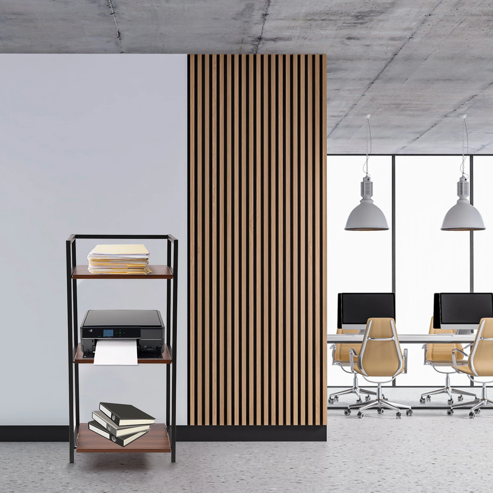 Rak Penyimpanan Printer 3 Tingkat Hitam untuk Kantor, Rak Buku Berdiri dengan Roda