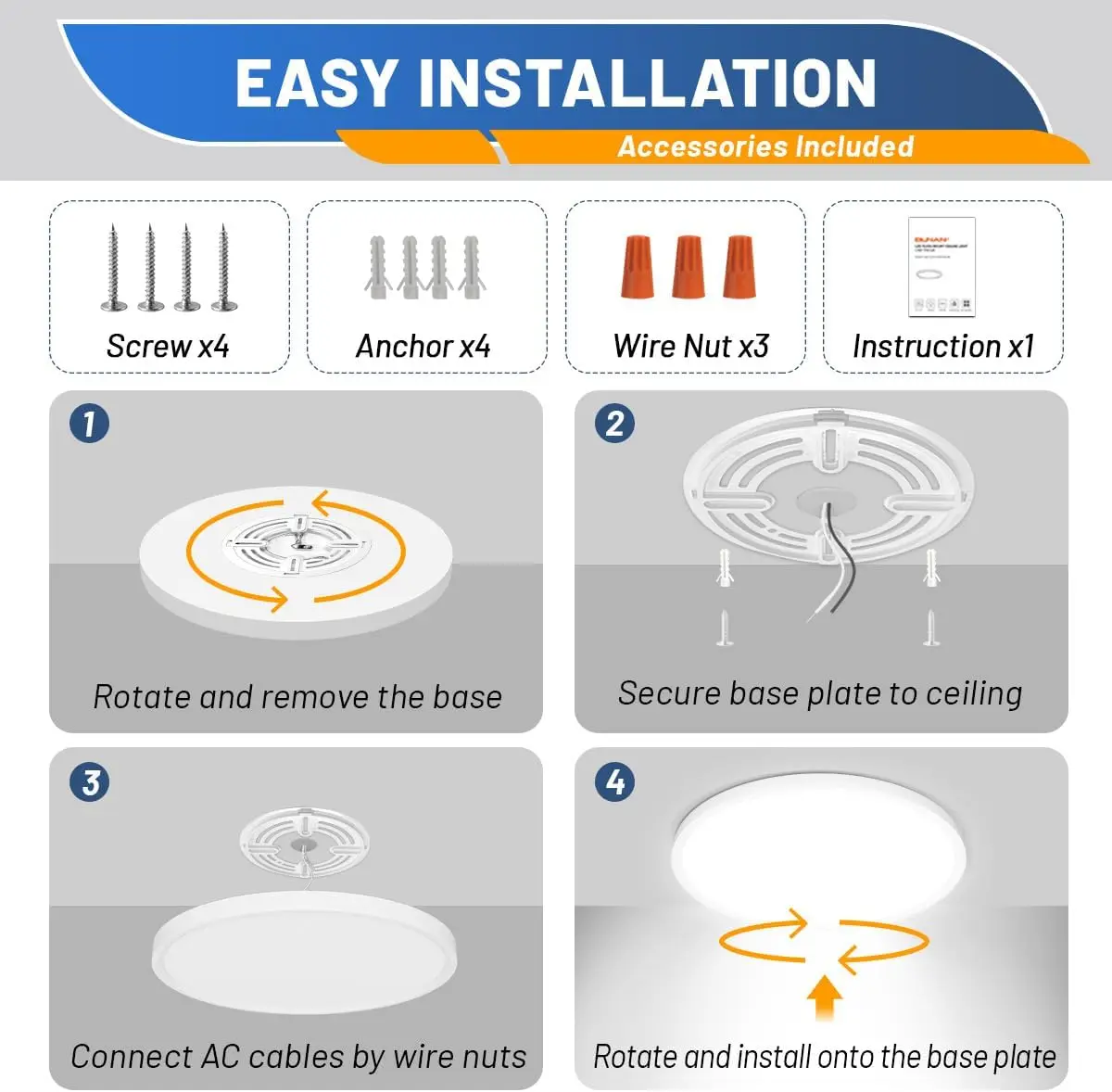 Lâmpada de teto LED para banheiro, luminárias redondas, montagem nivelada, 24W, 3Ct, 3000K, 4000K, 6500K, 12 polegadas