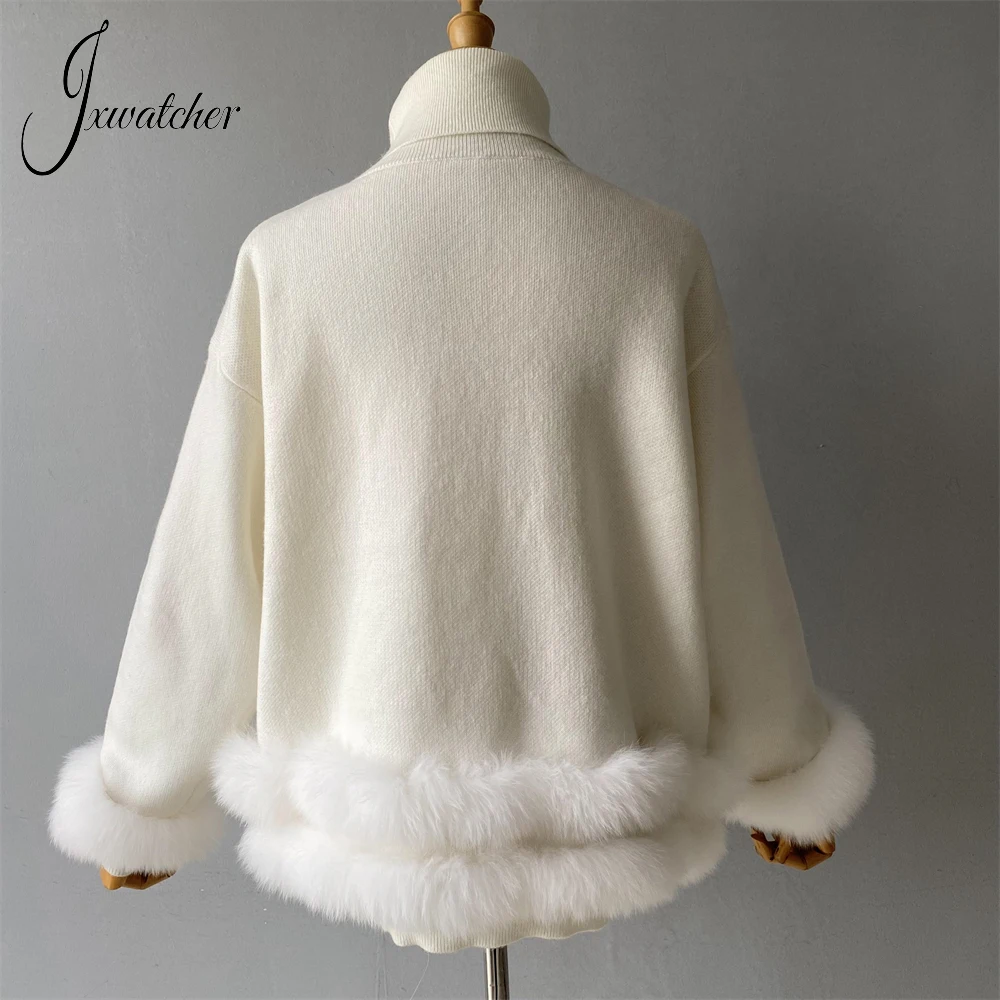 Jxwatcher Women\'s Sweater Set with real fur Ladies Spring Fall Warm Turtleneck Pullover Good Elasticity Wool Blend Kintted Tops