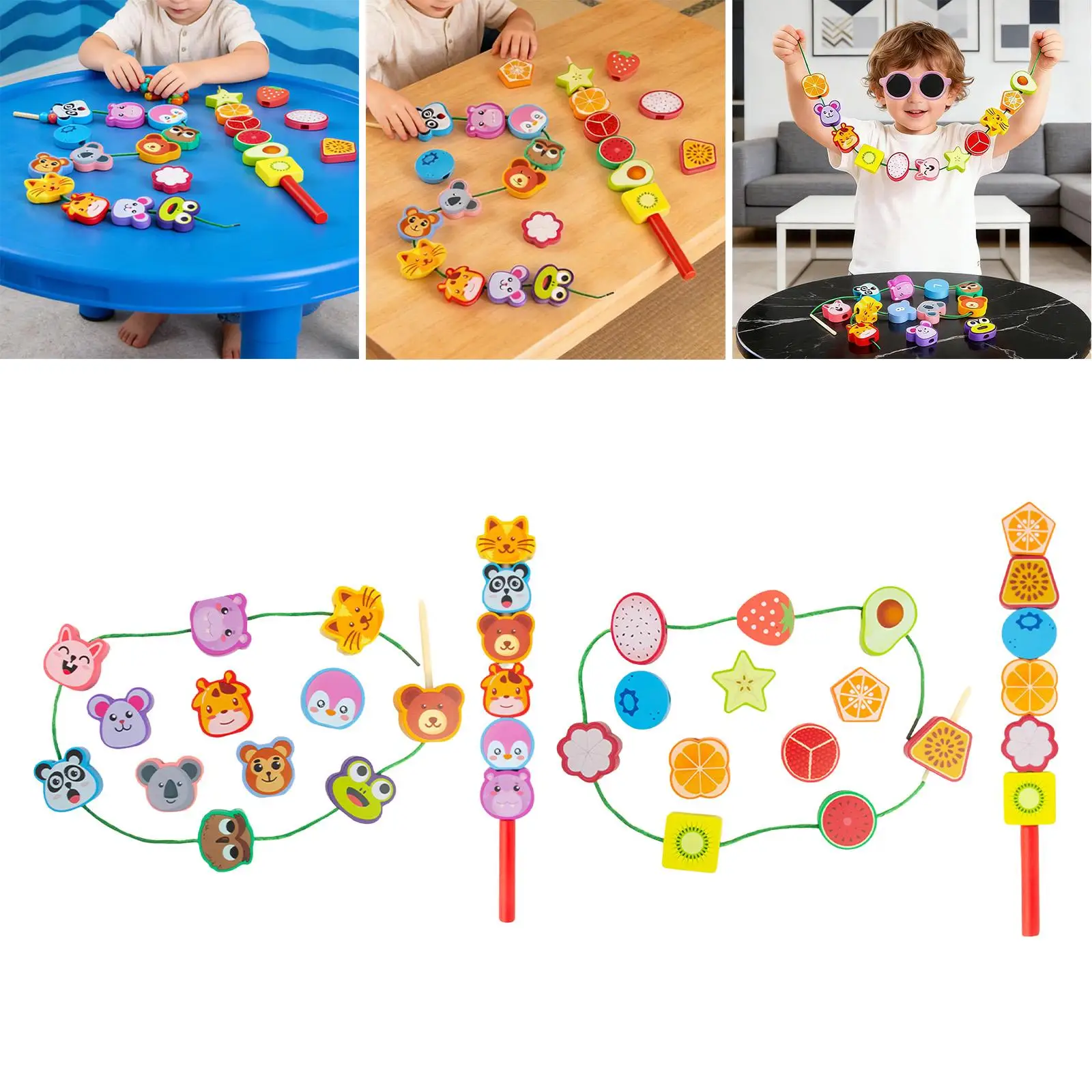 유아 두뇌 발달을 위한 나무 끈 구슬 장난감, 모양 맞추기 학습 장난감, 유아용 쌓기 블록